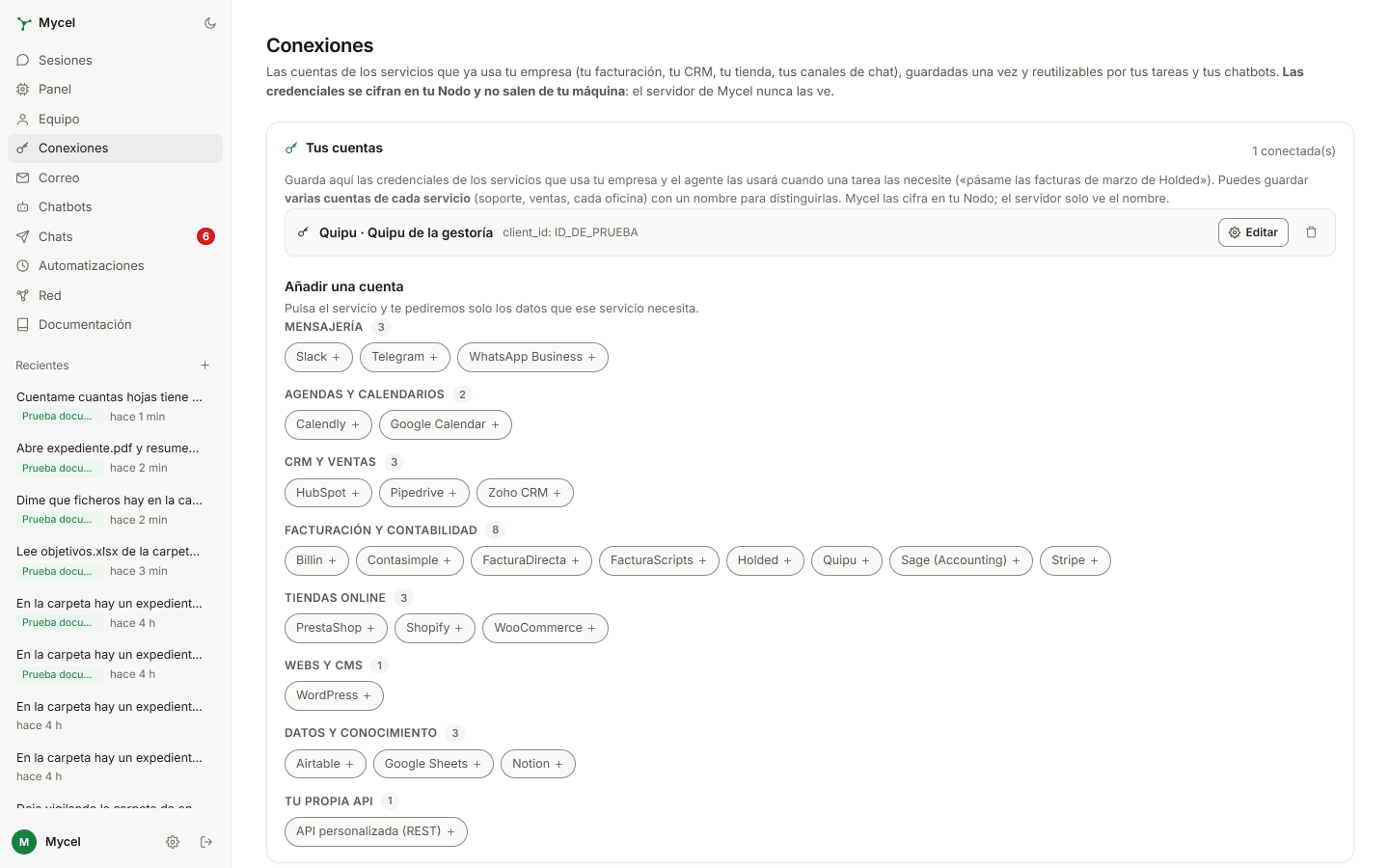 Pantalla Conexiones de Mycel: una cuenta ya conectada arriba y debajo el catálogo de servicios que se pueden añadir, agrupado por categoría (mensajería, agendas, CRM, facturación, tiendas, webs, datos y API propia).