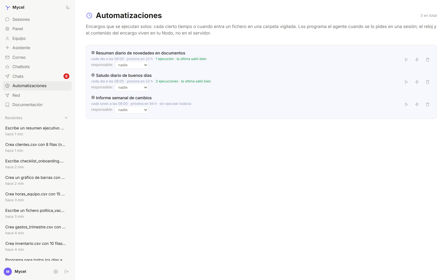 Pantalla Automatizaciones de Mycel: tres encargos programados con su periodicidad, cuándo les toca la próxima vez y el resultado de la última ejecución.