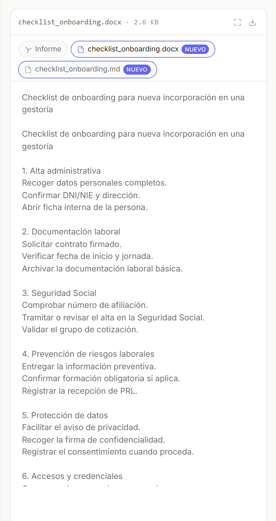 Panel de entregables de una tarea de Mycel: las pestañas de los ficheros producidos, el peso del documento y la vista previa de su contenido.