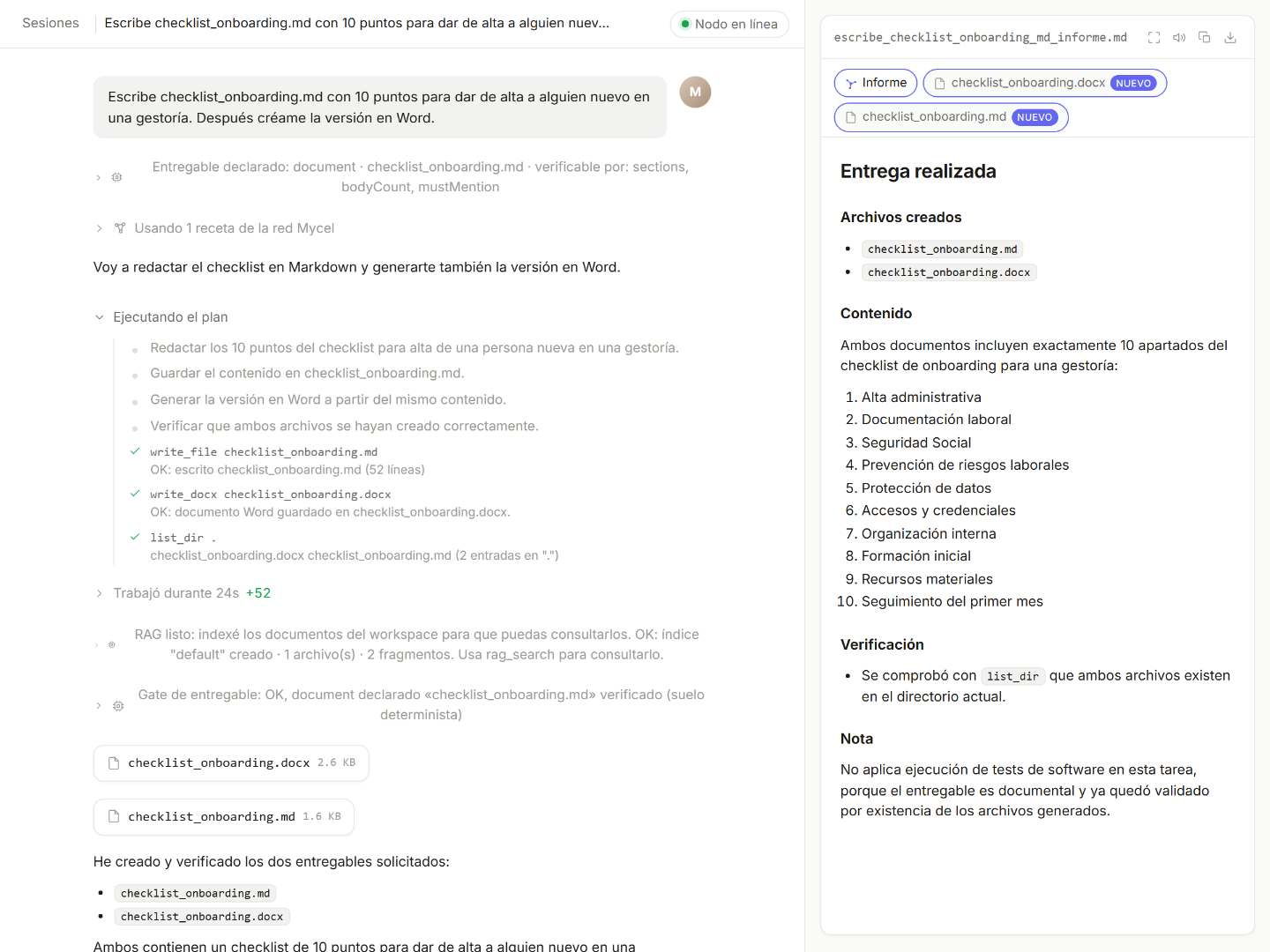 Pantalla Sesiones de Mycel con una tarea terminada: las herramientas usadas una a una y, al lado, los ficheros entregados con su vista previa.